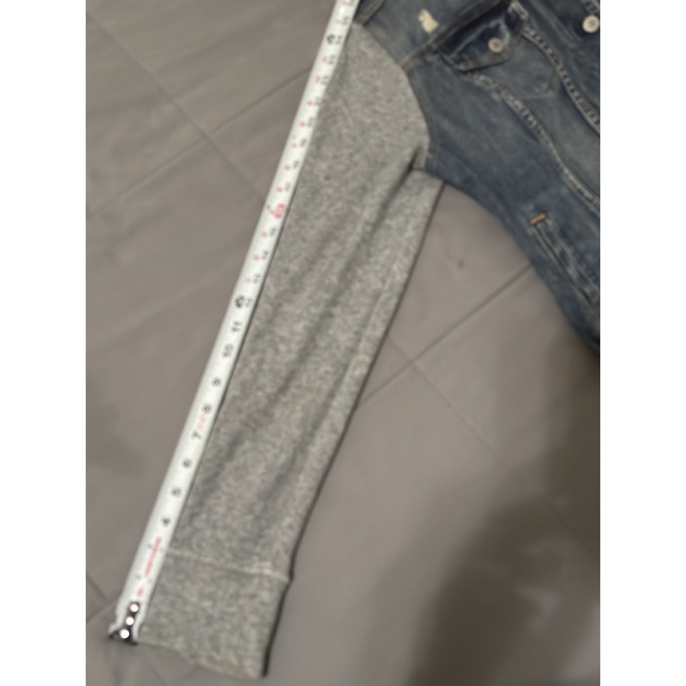 Express Jeans Women's L Distressed Denim Jacket With Sweatshirt Sleeves Hoodie - Picture 6 of 8